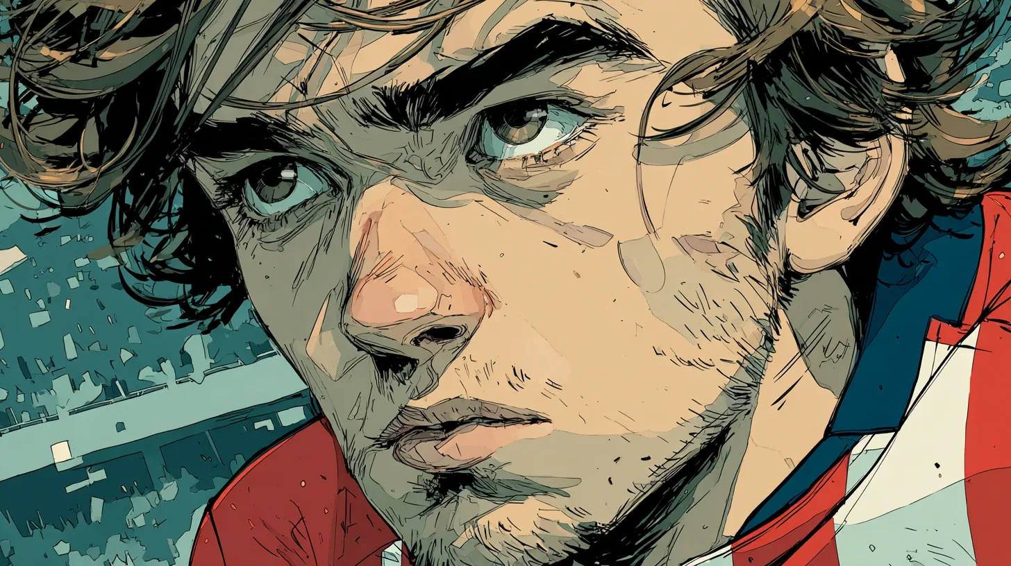 Ilustración editorial: retrato de Antoine Griezmann en tinta y acuarela, colores del Atlético de Madrid
