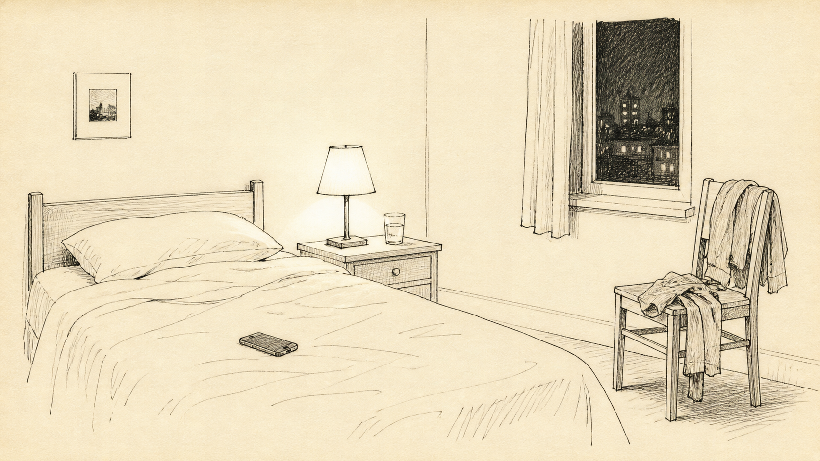Habitación vacía a medianoche · ilustración estilo New Yorker