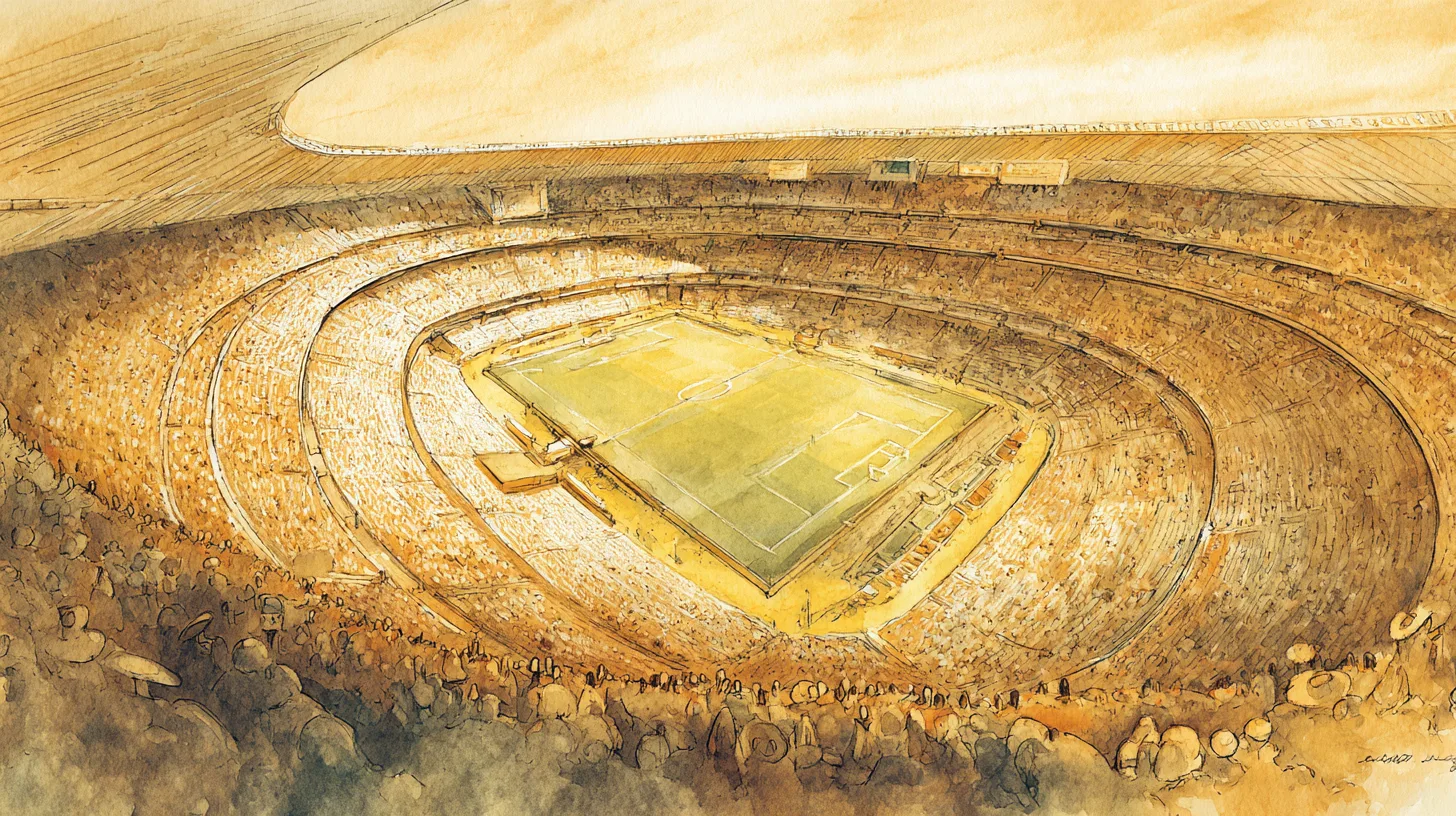 Ilustración editorial: el Azteca lleno en 1970, multitud como mancha orgánica, tonos sepia y dorado, acuarela