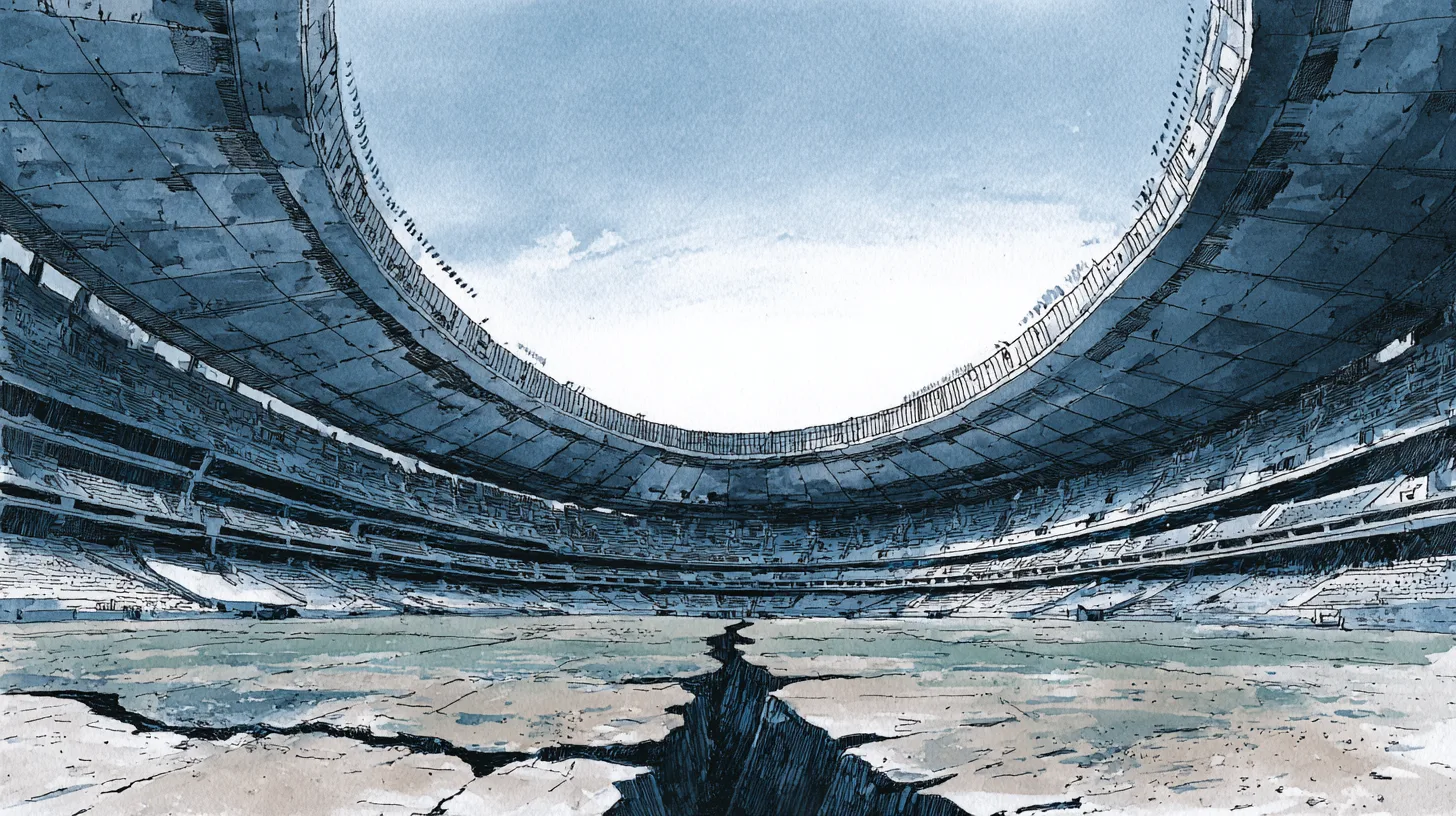 Ilustración editorial: estadio agrietado y vacío bajo cielo gris, grieta en el campo, tonos azul-gris fríos, acuarela
