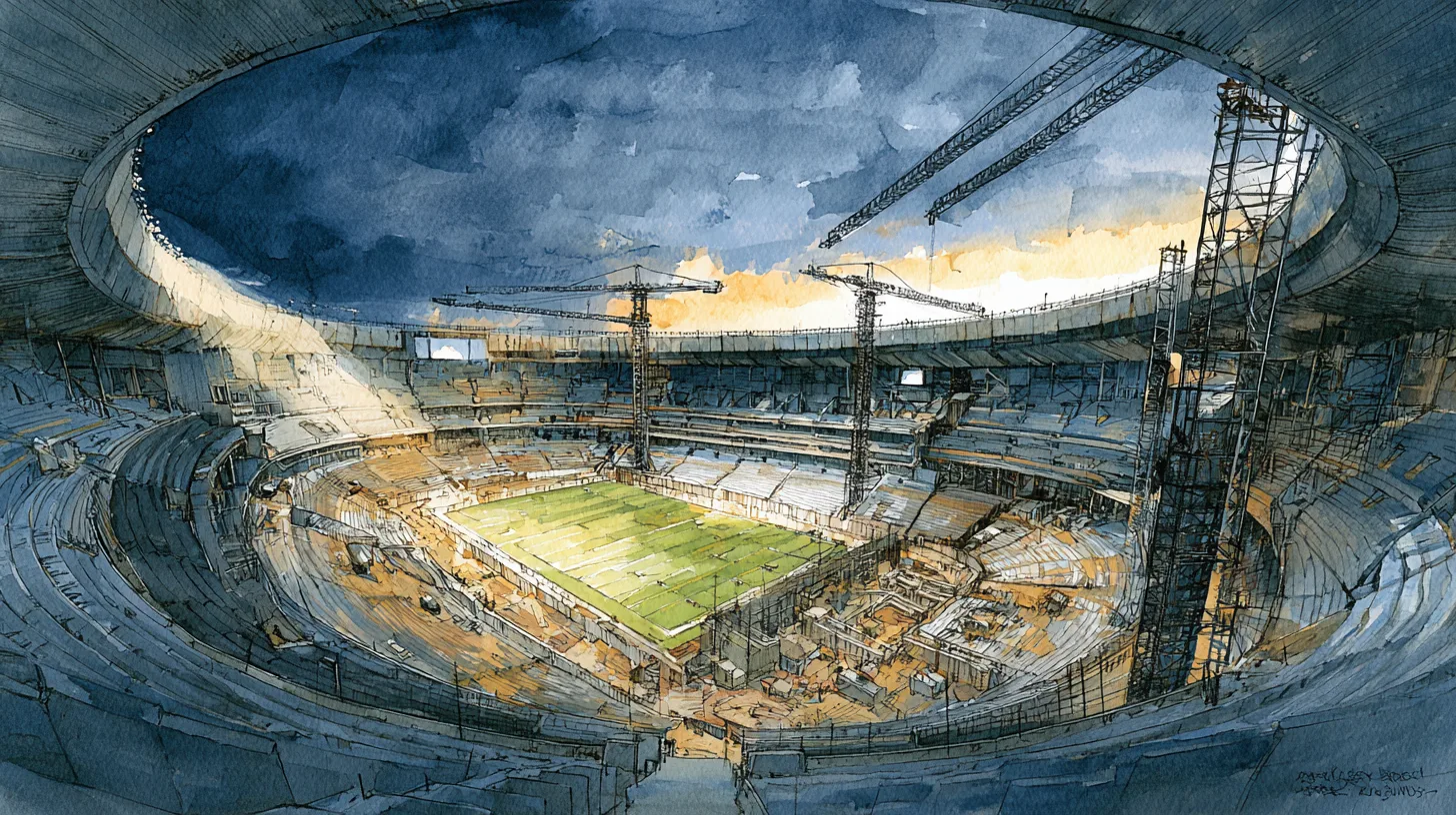 Ilustración editorial: Estadio Azteca en reconstrucción, grúas y acero expuesto bajo cielo tormentoso al atardecer, acuarela