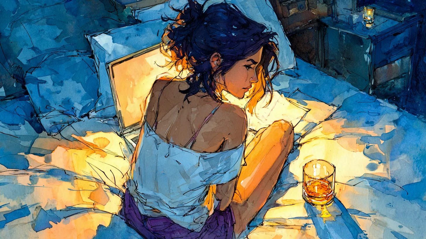 Ilustración editorial: mujer de espaldas en cama de hotel con vaso de whisky, luz cálida y sábanas azules, acuarela y tinta